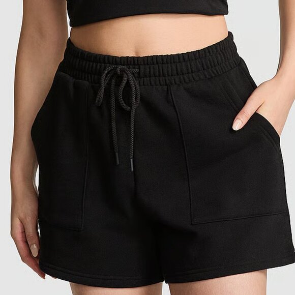Victoria's Secret Pink - L Shorts Black Sweats Classic Fleece Logo High Rise New - Picture 2 of 6